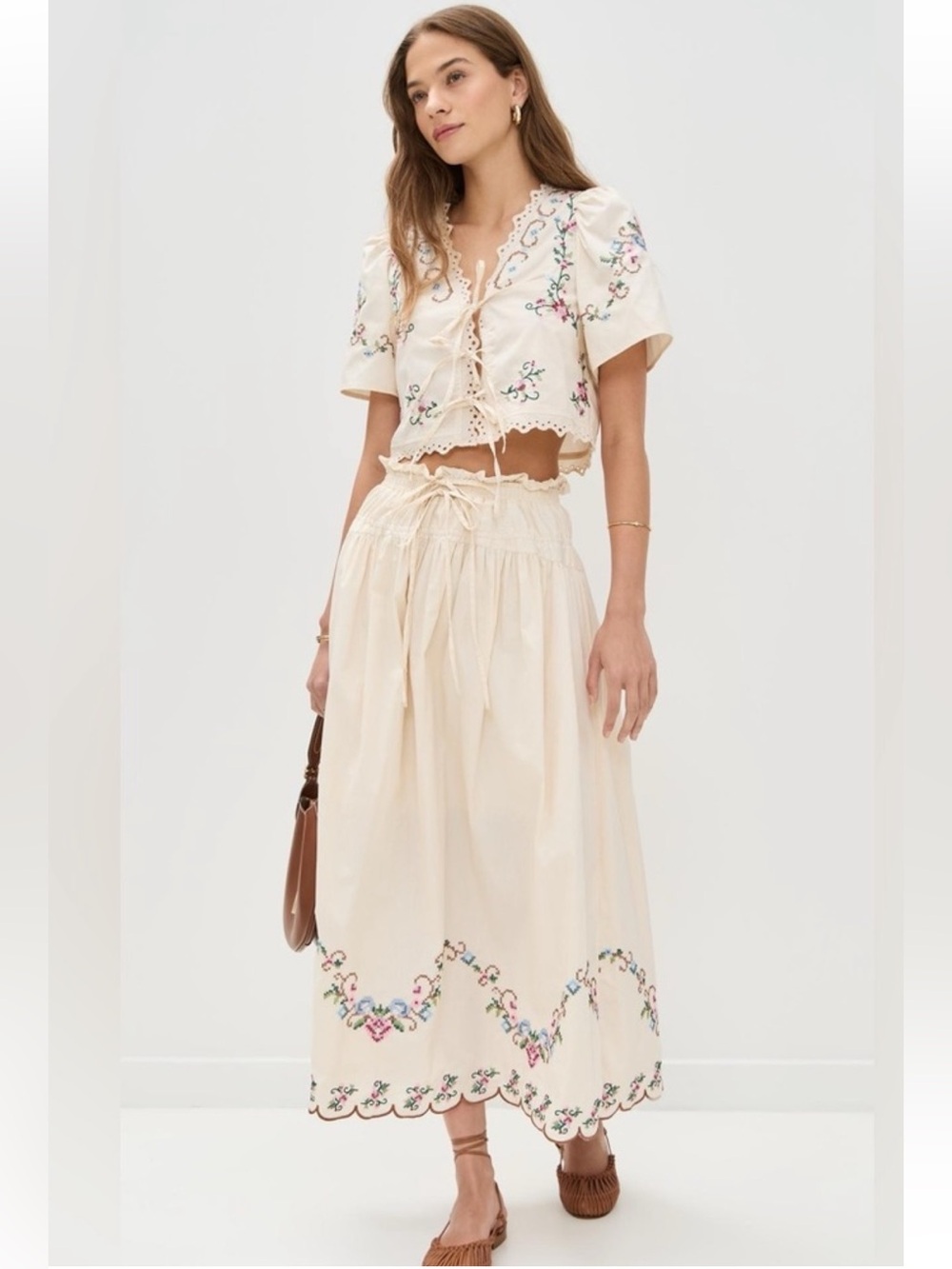 Moon River Ivory Embroidered Cross Stitch Midi Skirt & Top 2-piece set XS Sezane